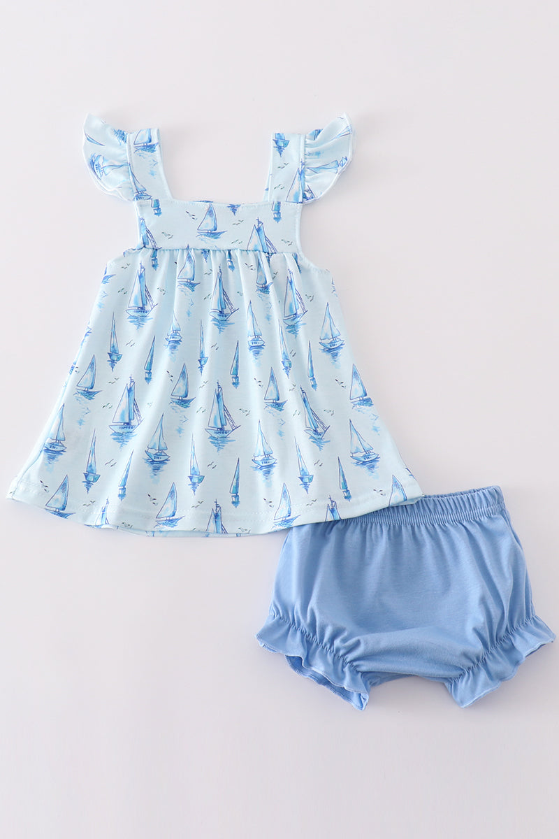 Blue Sailboat Print Girl  Bloomer Set