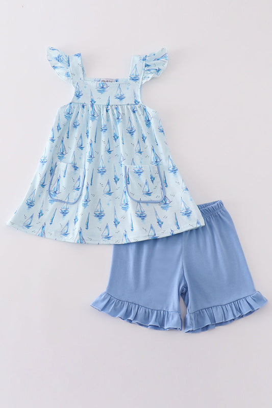 Blue Sailboat Print Girl Set