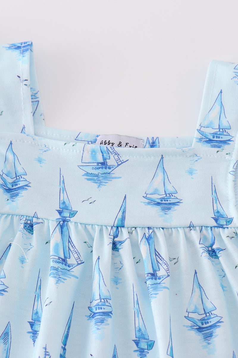 Blue Sailboat Print Girl Set