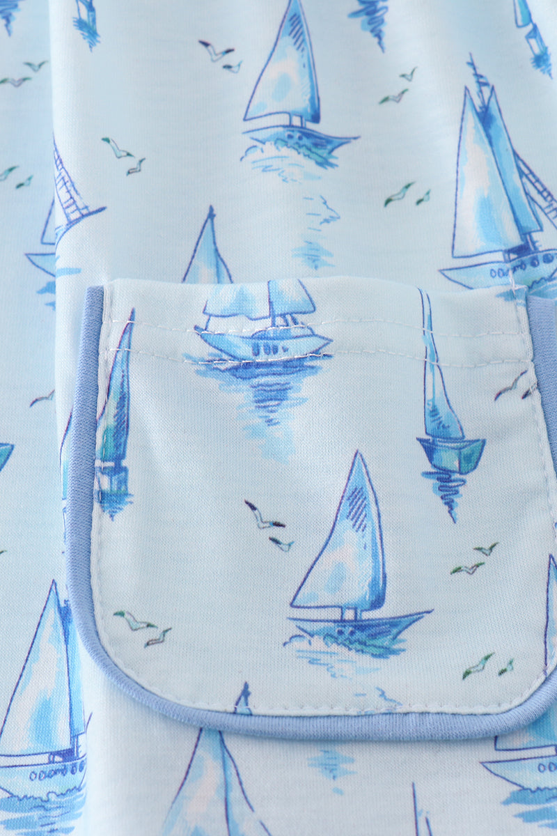 Blue Sailboat Print Girl Set