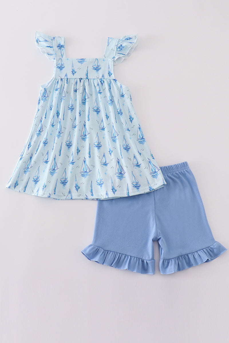 Blue Sailboat Print Girl Set