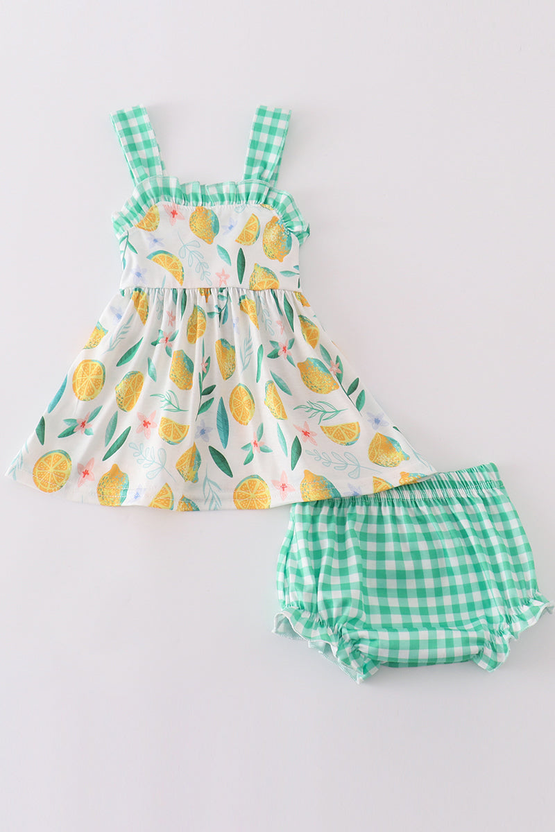 Green Lemon Print Girl Bloomer Set