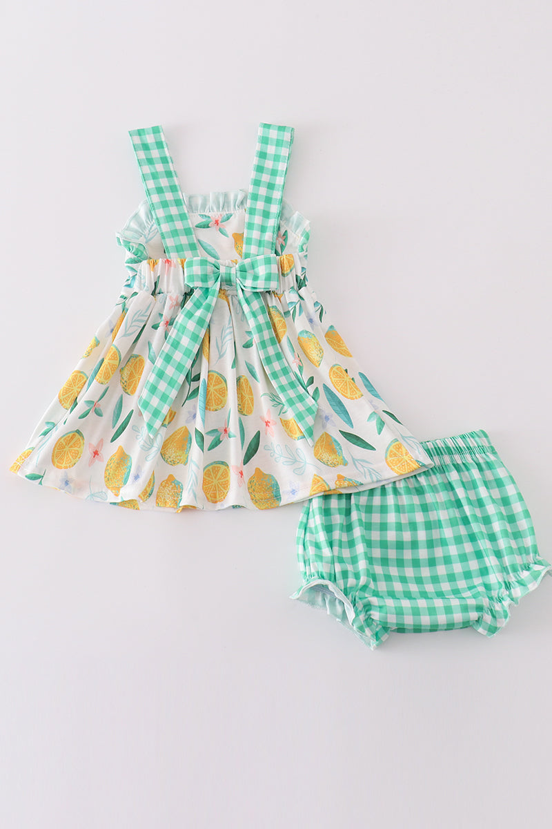 Green Lemon Print Girl Bloomer Set