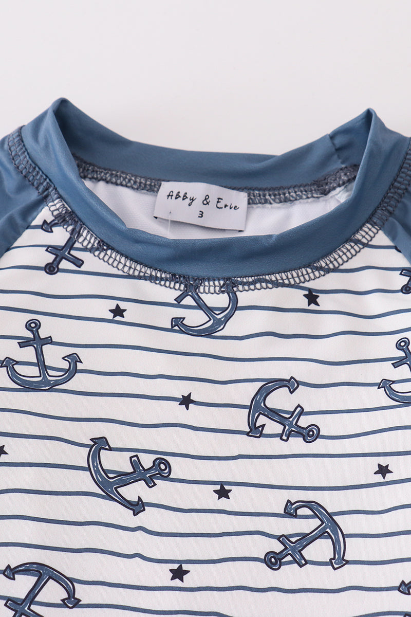 Blue Stripe Anchor Print Boy Swimwear