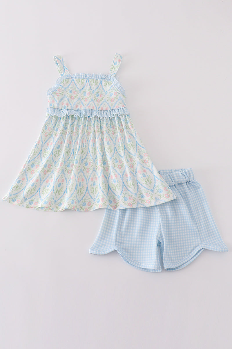 Blue Delicate Floral Print Girl Set