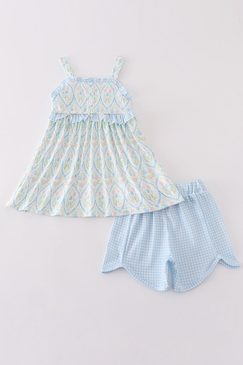 Blue Delicate Floral Print Girl Set