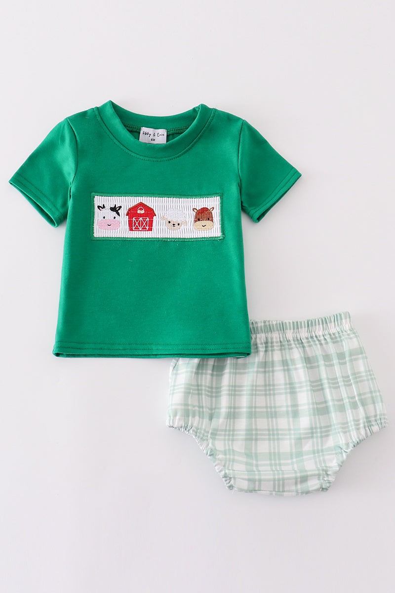 Green Farm Embroidery Smocked Boy Bloomer Set