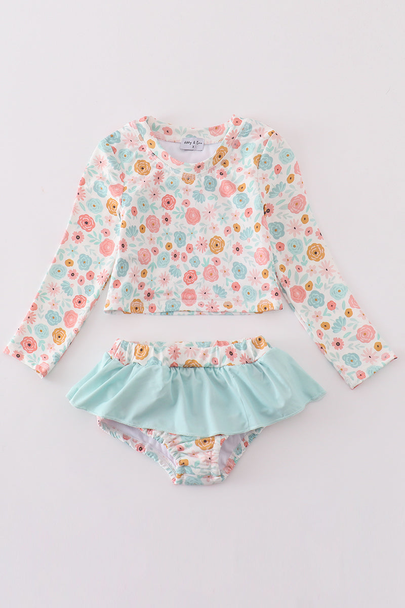 Minty Floral Bloom Print 2pc Girl Long Sleeve Swimsuit