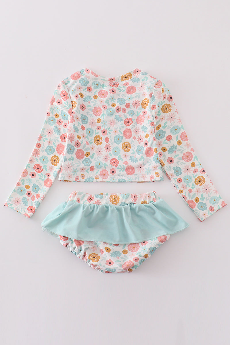 Minty Floral Bloom Print 2pc Girl Long Sleeve Swimsuit