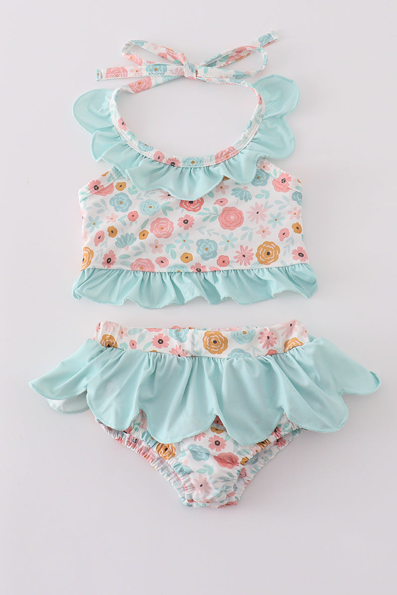 Minty Floral Bloom Print 2pc Girl Swimsuit