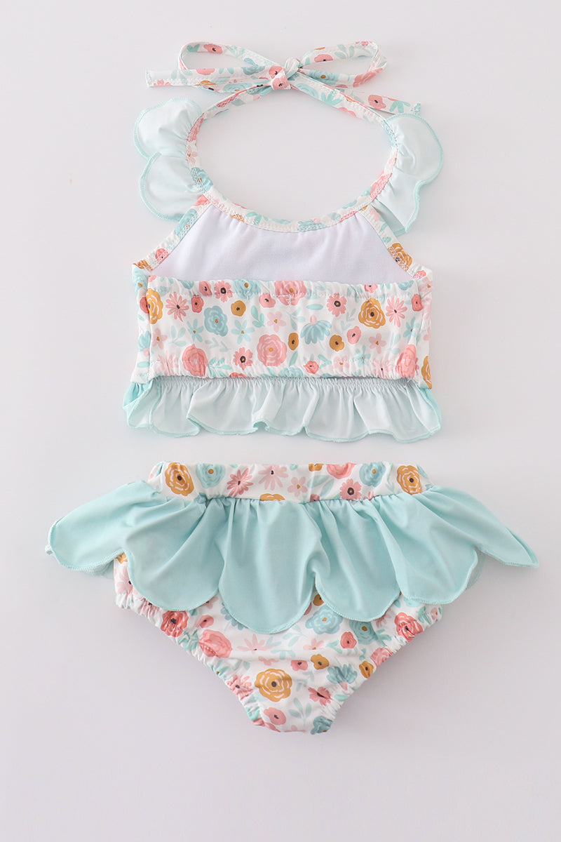 Minty Floral Bloom Print 2pc Girl Swimsuit