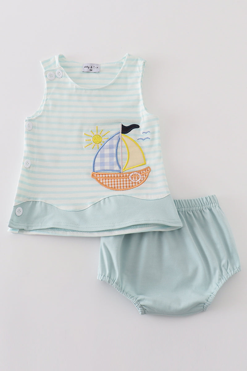 Blue Stripe Sailboat Boy Bloomer Set