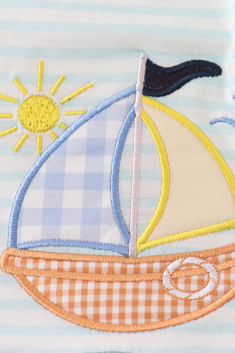 Blue Stripe Sailboat Boy Bloomer Set