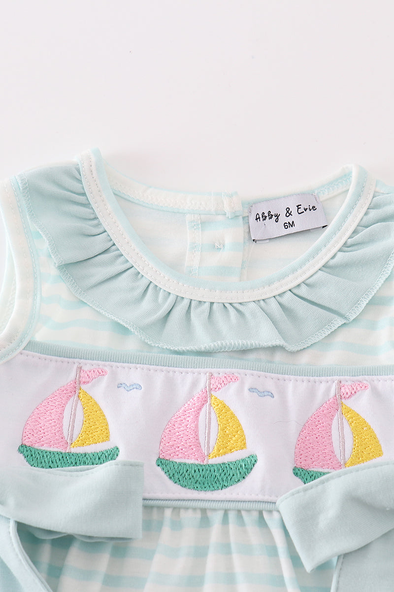 Blue Stripe Sailboat Embroidery Girl Bubble