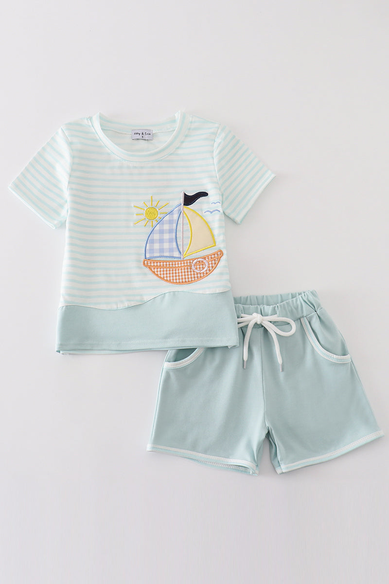 Blue Stripe Sailboat Boy Set