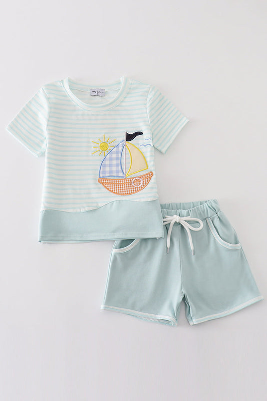 Blue Stripe Sailboat Boy Set