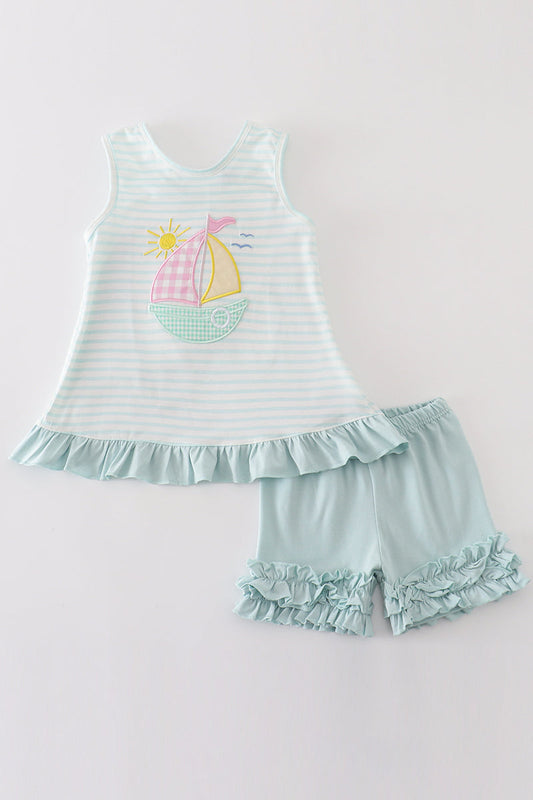 Blue Stripe Sailboat Girl Set