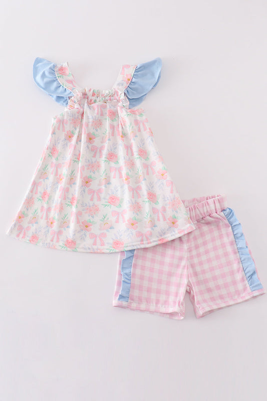 Pink Floral Bow Print Girl Set