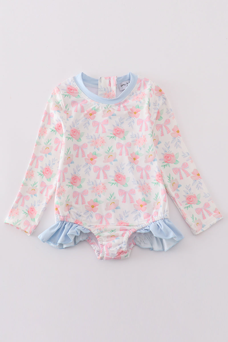 Pink Floral Bow Print Long Sleeve Girl Swimsuit