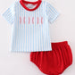 Blue Stripe Baseball Embroidery Boy Bloomer Set