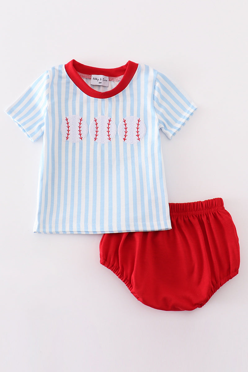 Blue Stripe Baseball Embroidery Boy Bloomer Set