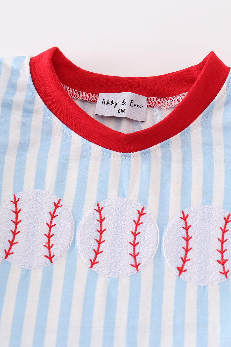 Blue Stripe Baseball Embroidery Boy Bloomer Set