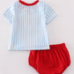 Blue Stripe Baseball Embroidery Boy Bloomer Set