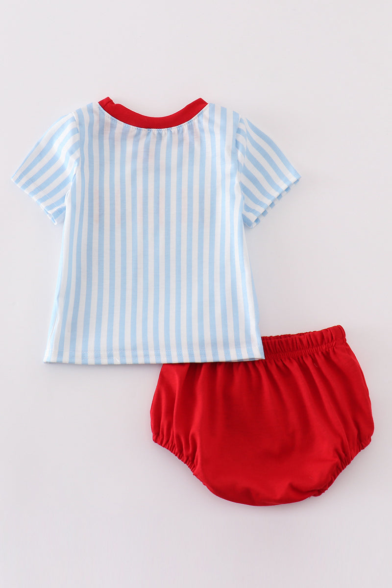 Blue Stripe Baseball Embroidery Boy Bloomer Set