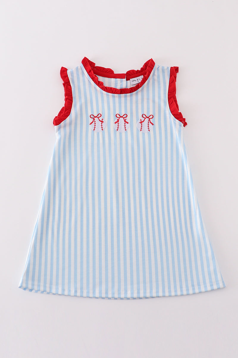 Blue Stripe Baseball Embroidery Girl Dress