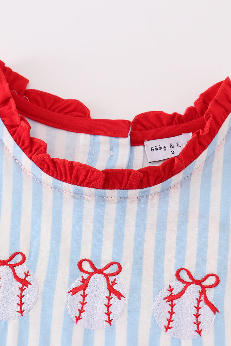 Blue Stripe Baseball Embroidery Girl Dress