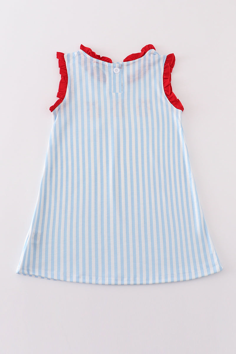 Blue Stripe Baseball Embroidery Girl Dress