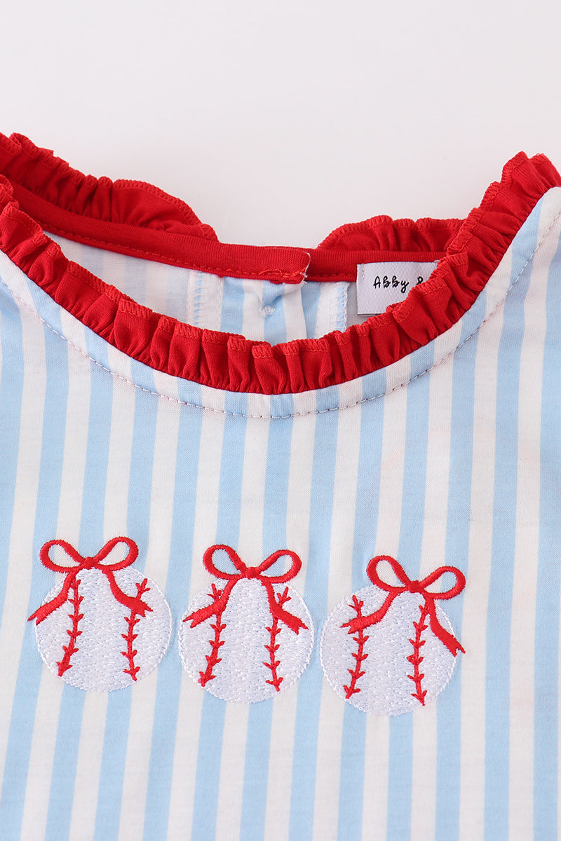 Blue Stripe Baseball Embroidery Girl Set