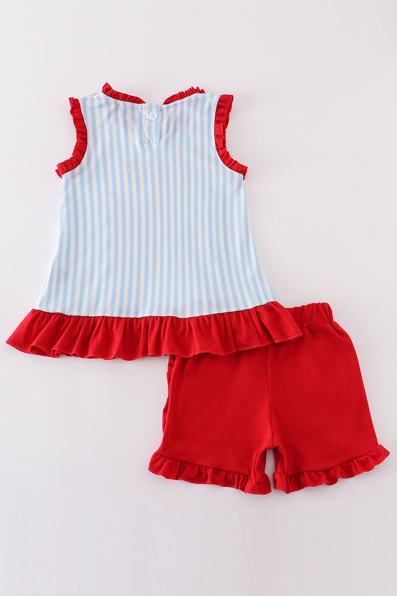 Blue Stripe Baseball Embroidery Girl Set