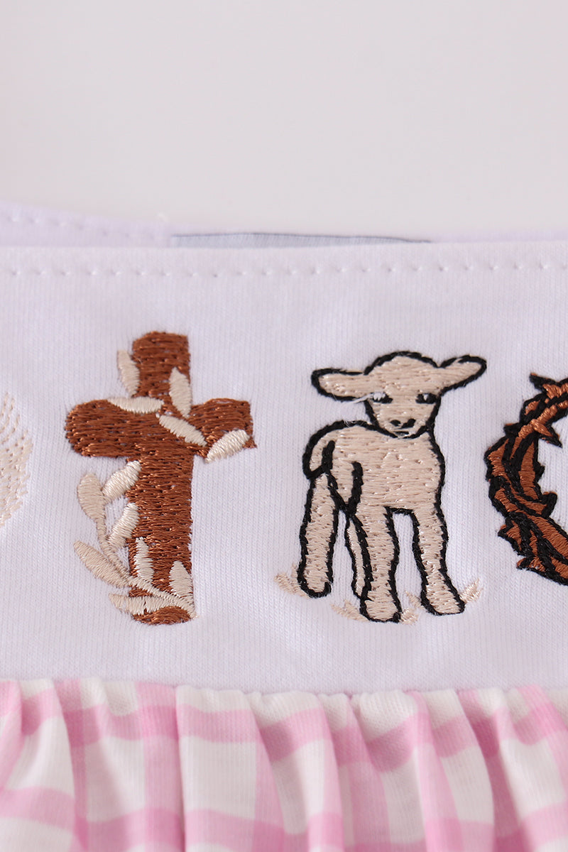 Pink Easter Cross Sheep Embroidery Girl Set