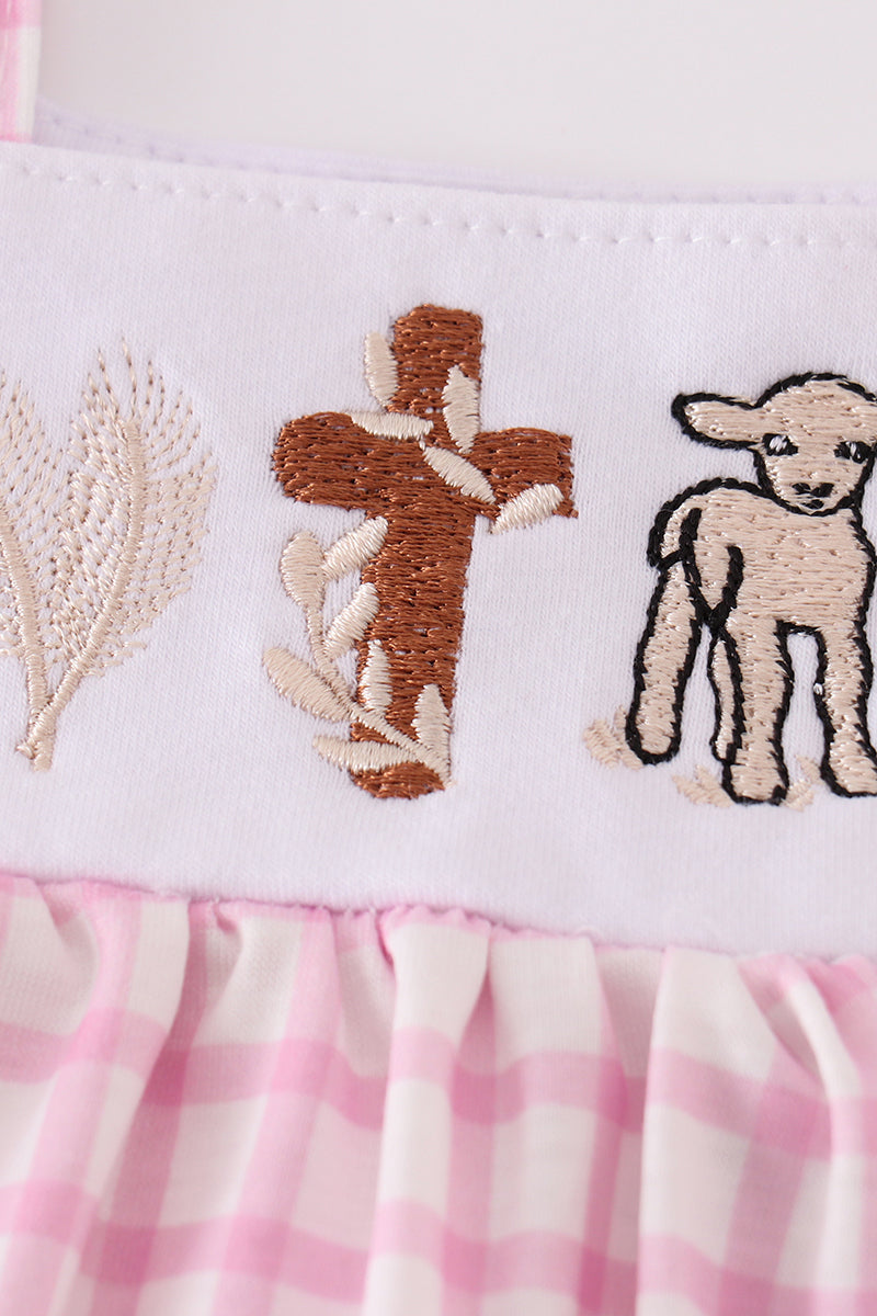 Pink Easter Cross Sheep Embroidery Dress