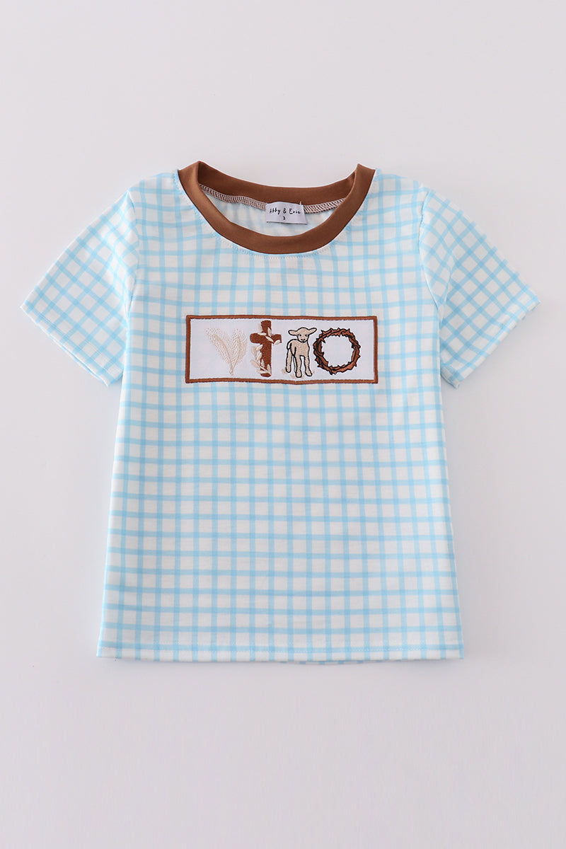 Blue Easter Cross Sheep Embroidery Boy Top