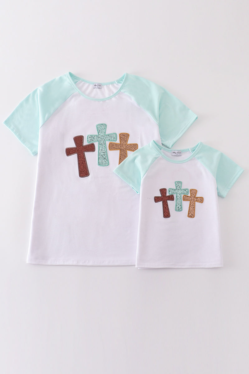 White Cross He is Risen Glitter Embroidery Mom & Me Top