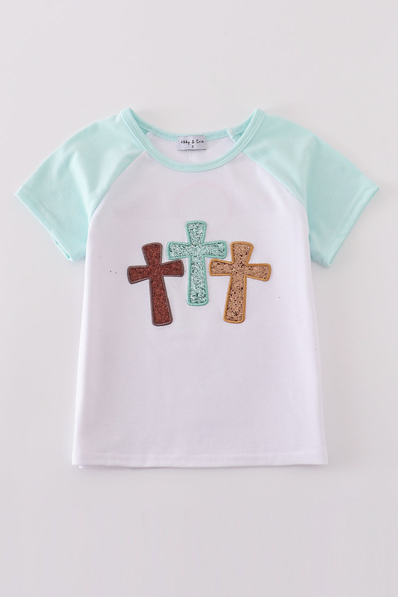 White Cross He is Risen Glitter Embroidery Mom & Me Top