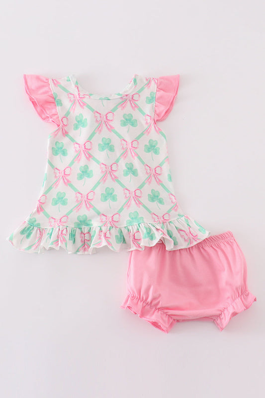 Green St. Patrick's Clover Print Girl Bloomer Set