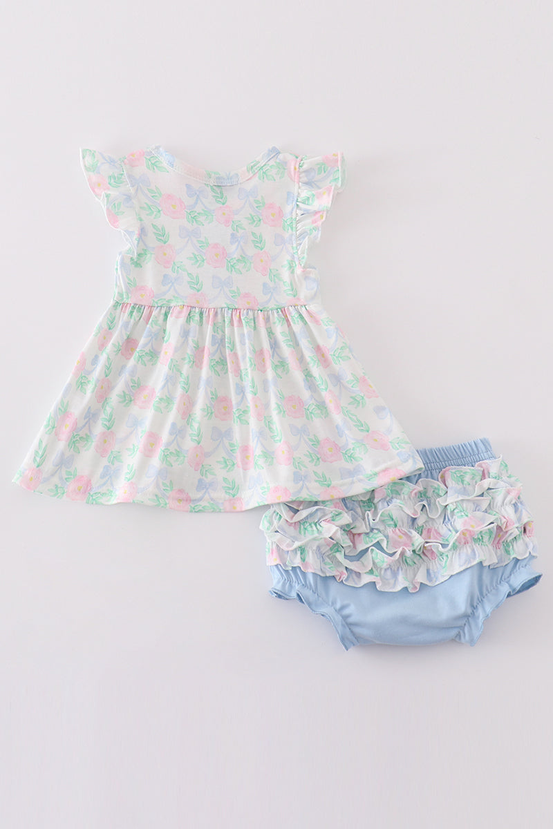 Blue Floral Bow Print Girl Bloomer Set