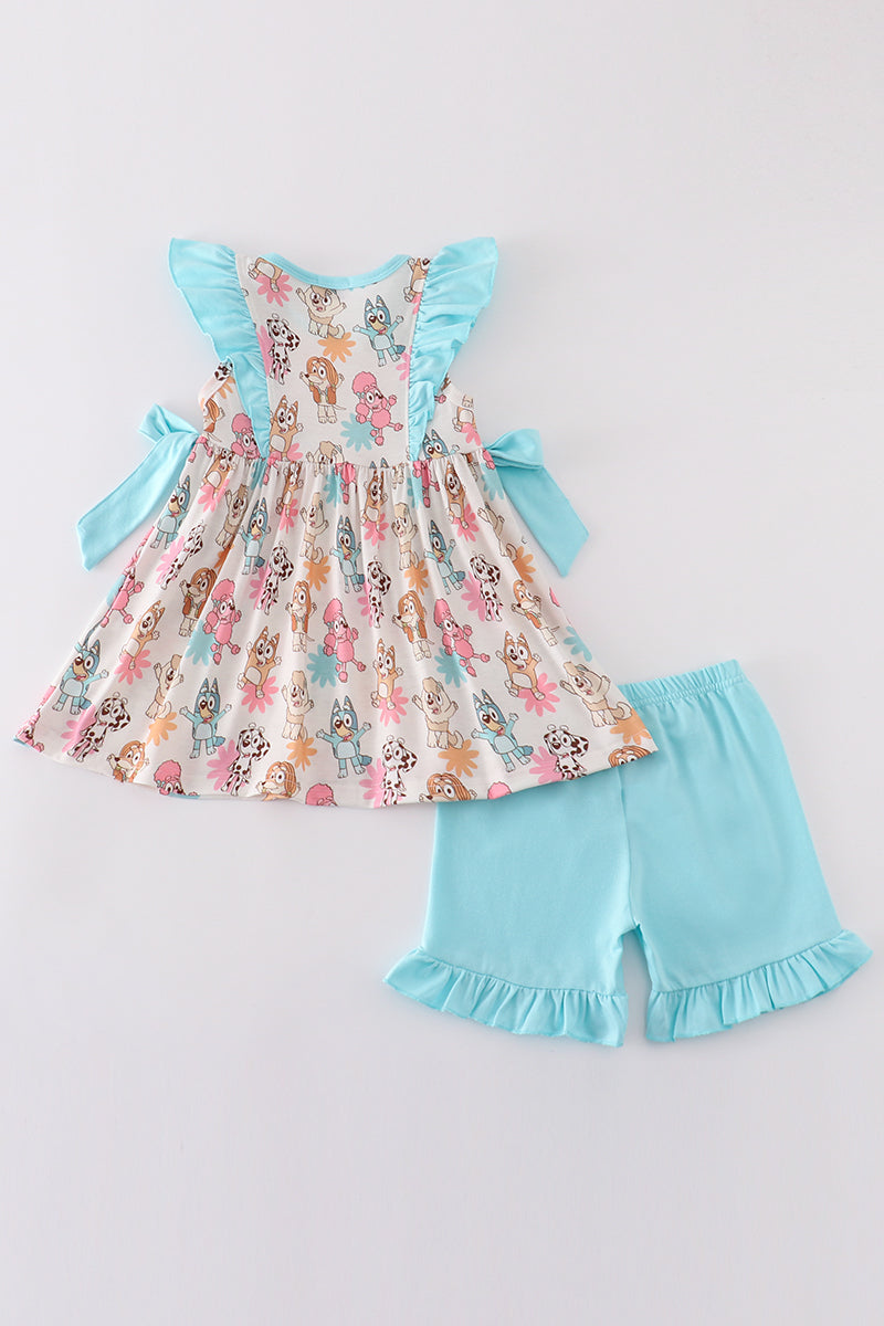 Blue Character Print Ruffle Girl Set