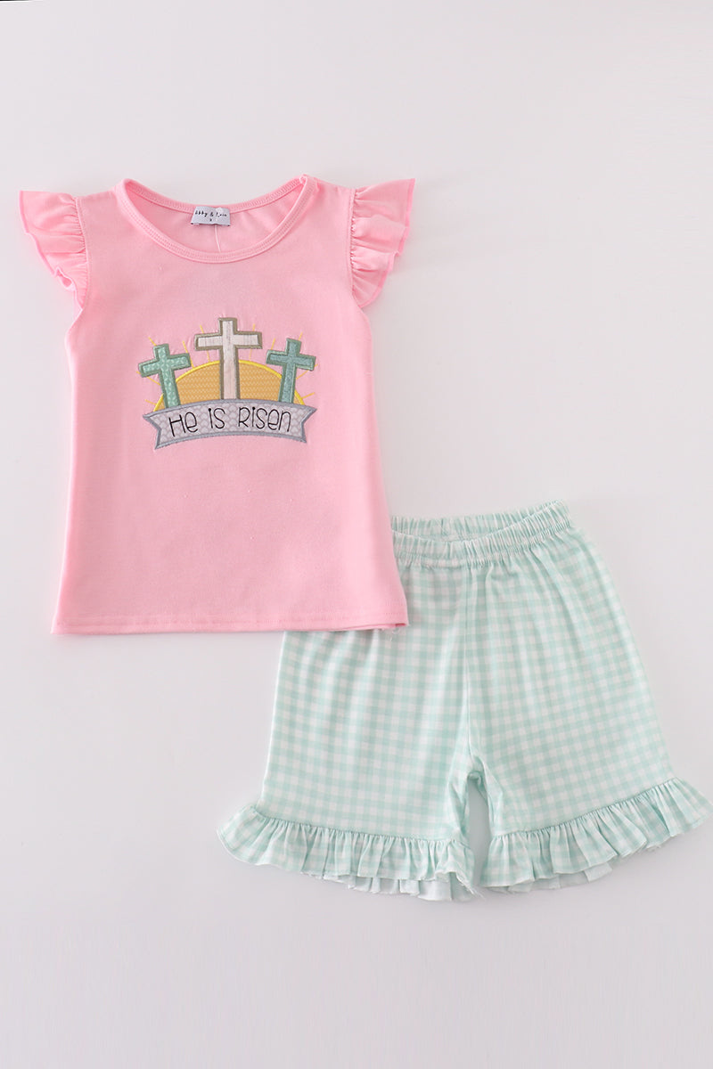 Pink Easter Cross He is Risen Applique Girl Set