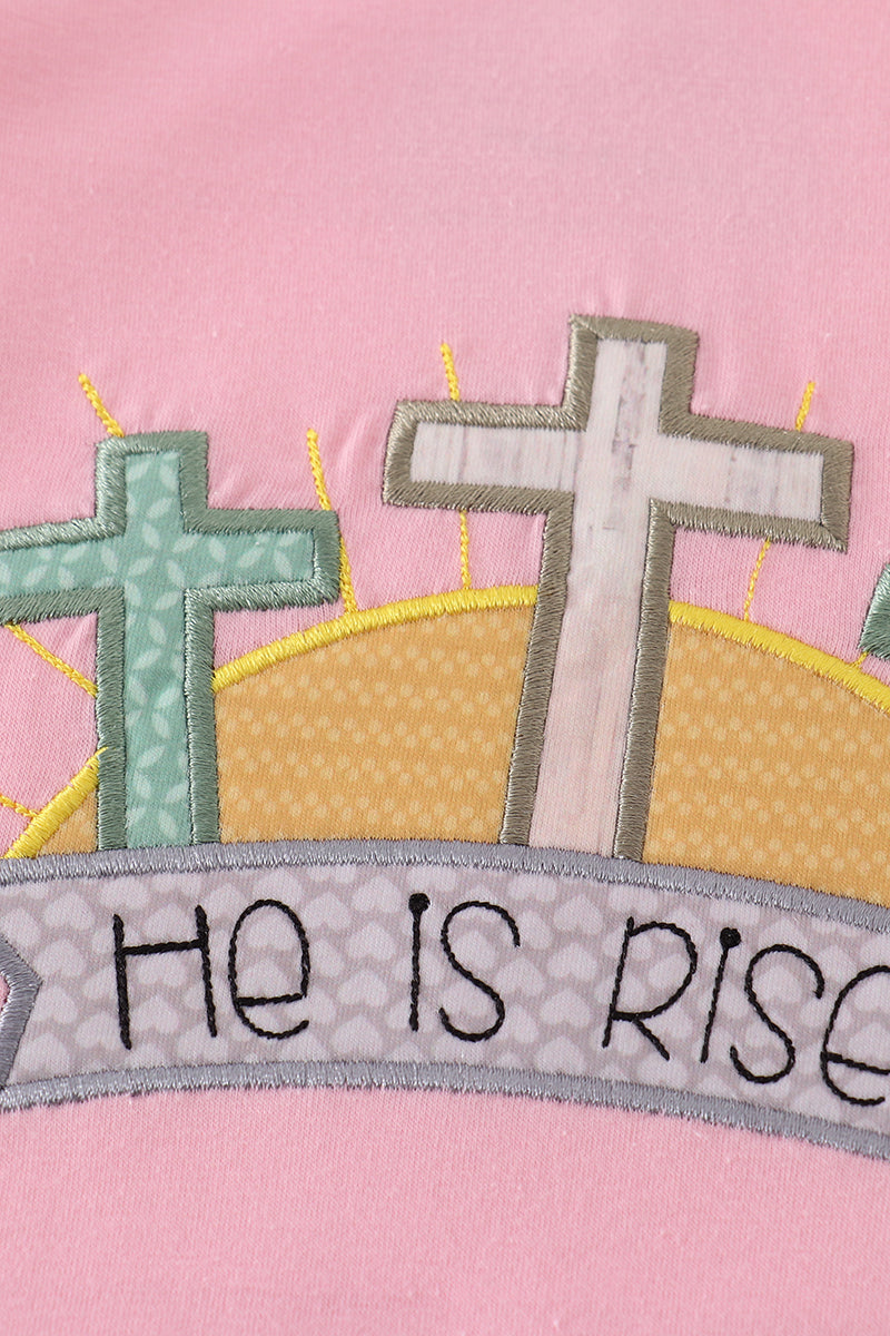 Pink Easter Cross He is Risen Applique Girl Set