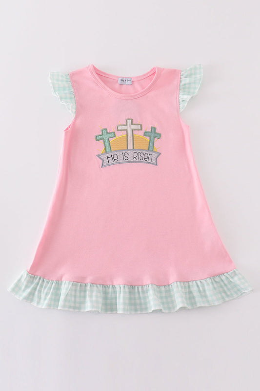 Pink Easter He is Risen Applique Girl Dress