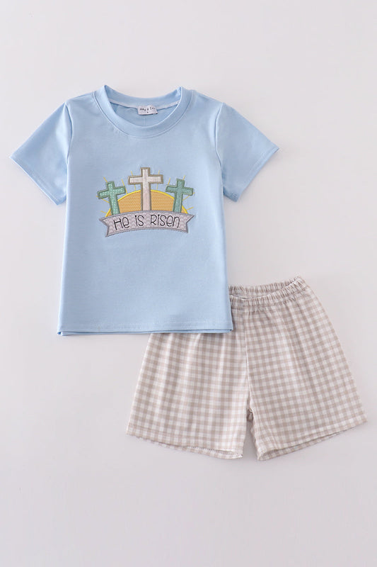 Blue Easter He is Risen Applique Boy Set