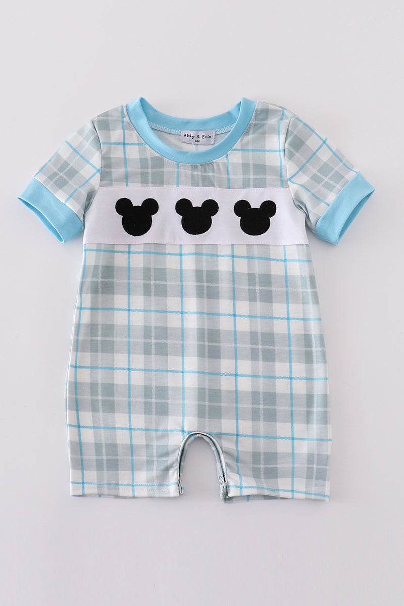 Blue Plaid Character Embroidery Boy Romper