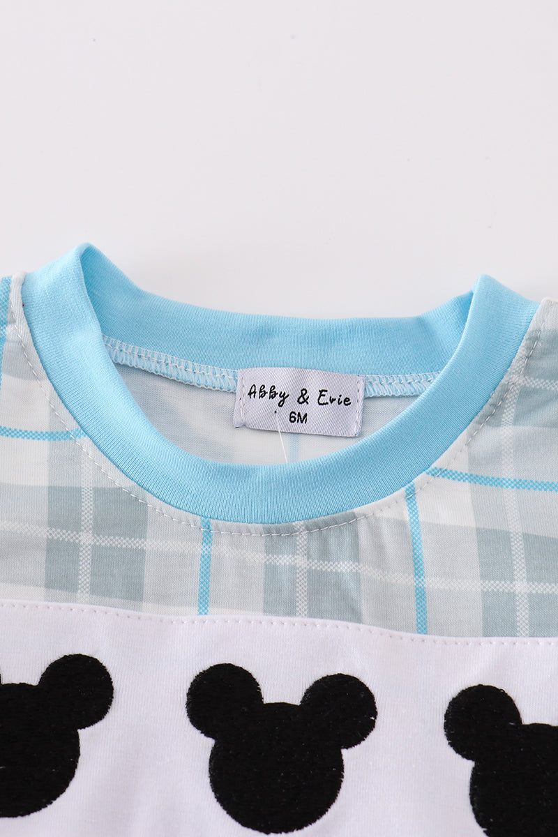 Blue Plaid Character Embroidery Boy Romper