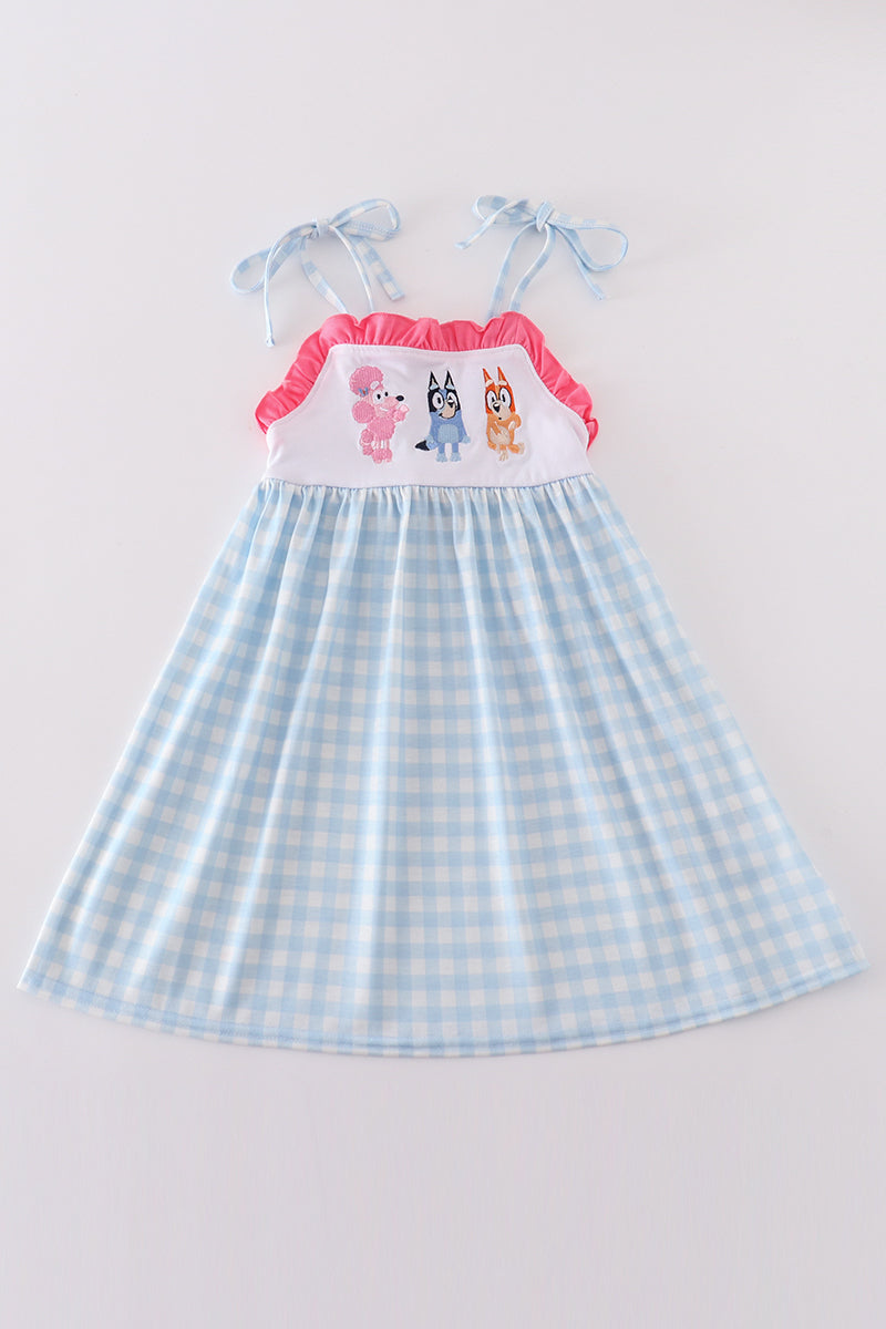 Blue Gingham Character Embroidery Girl Dress