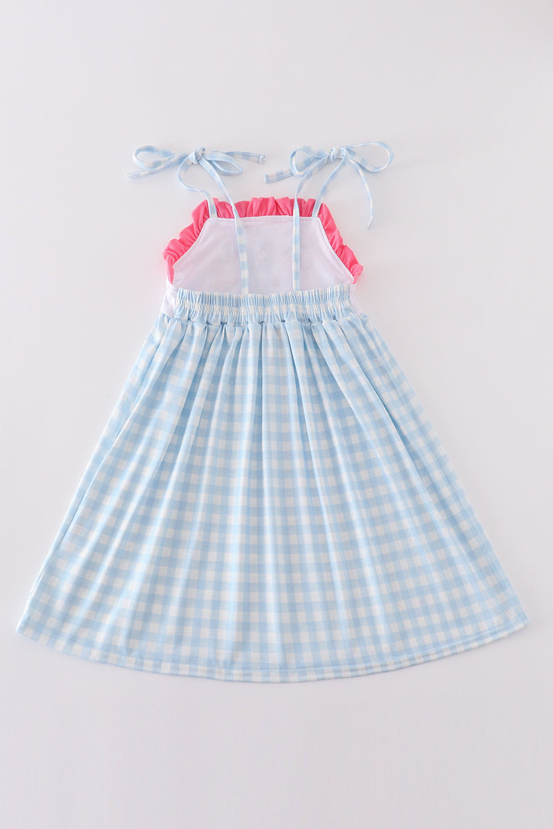 Blue Gingham Character Embroidery Girl Dress