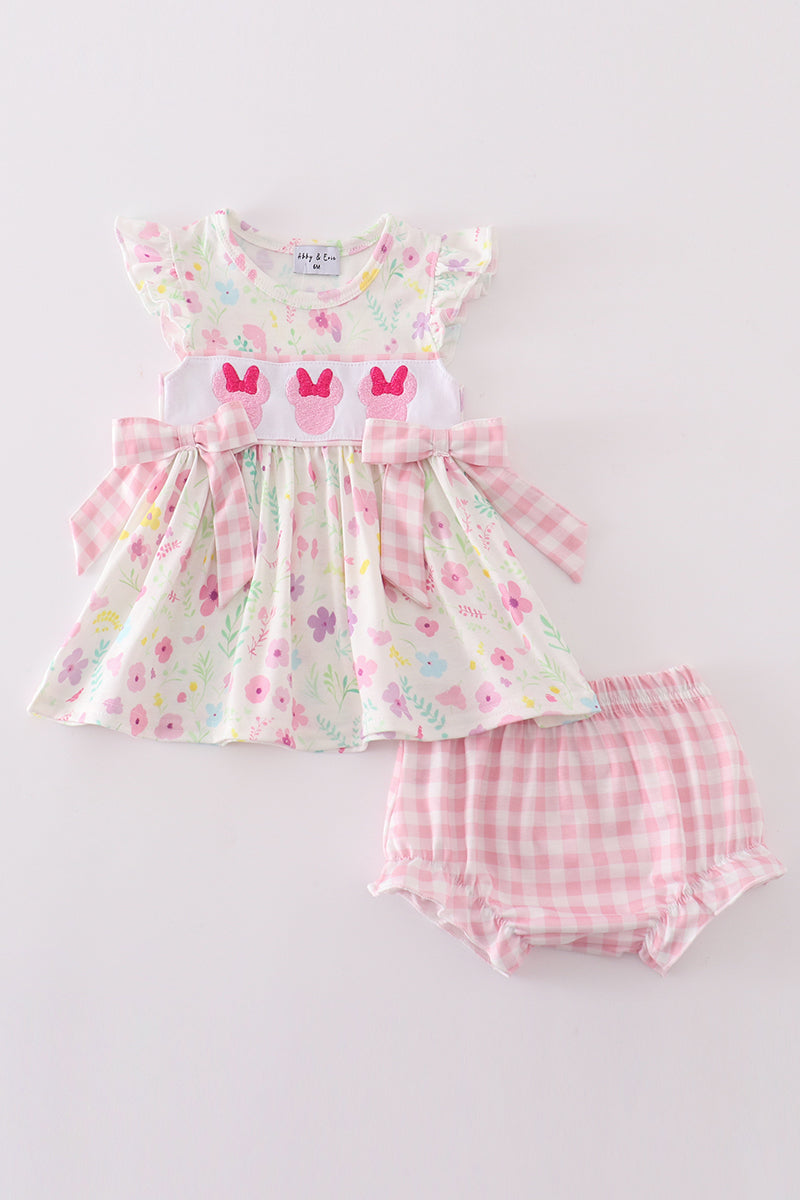 Pink Floral Mouse Embroidery Girl Bloomer Set